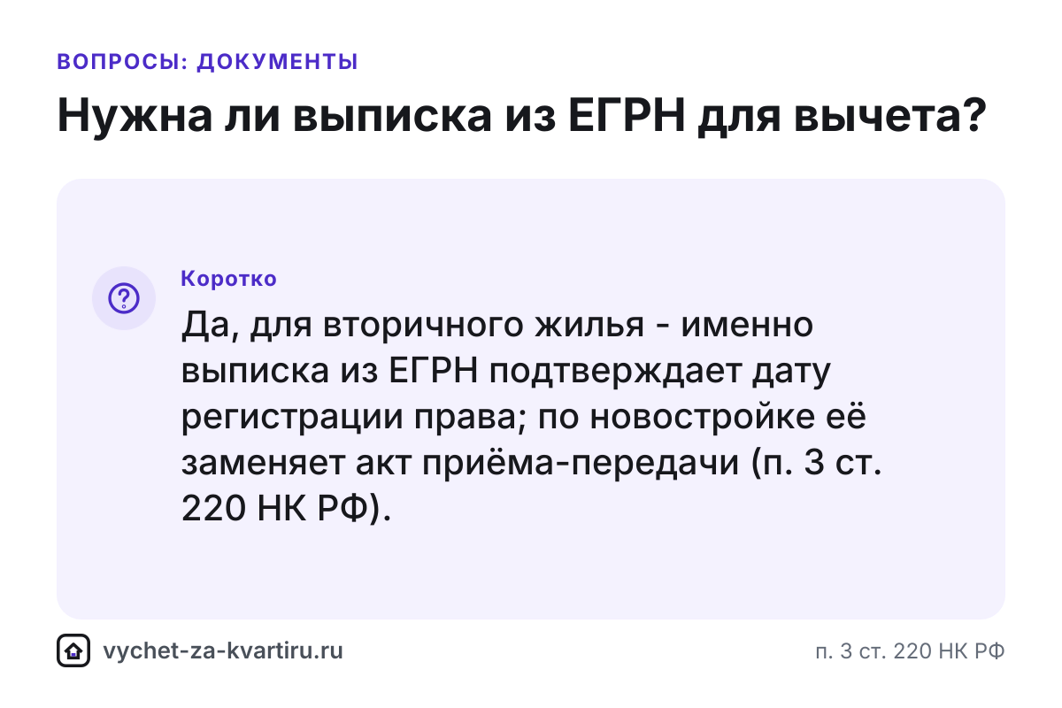 Нужна ли выписка из ЕГРН для налогового вычета за квартиру