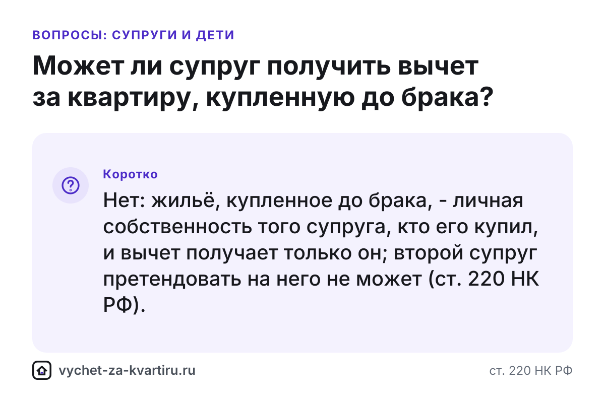 Может ли супруг получить вычет за квартиру, купленную до брака