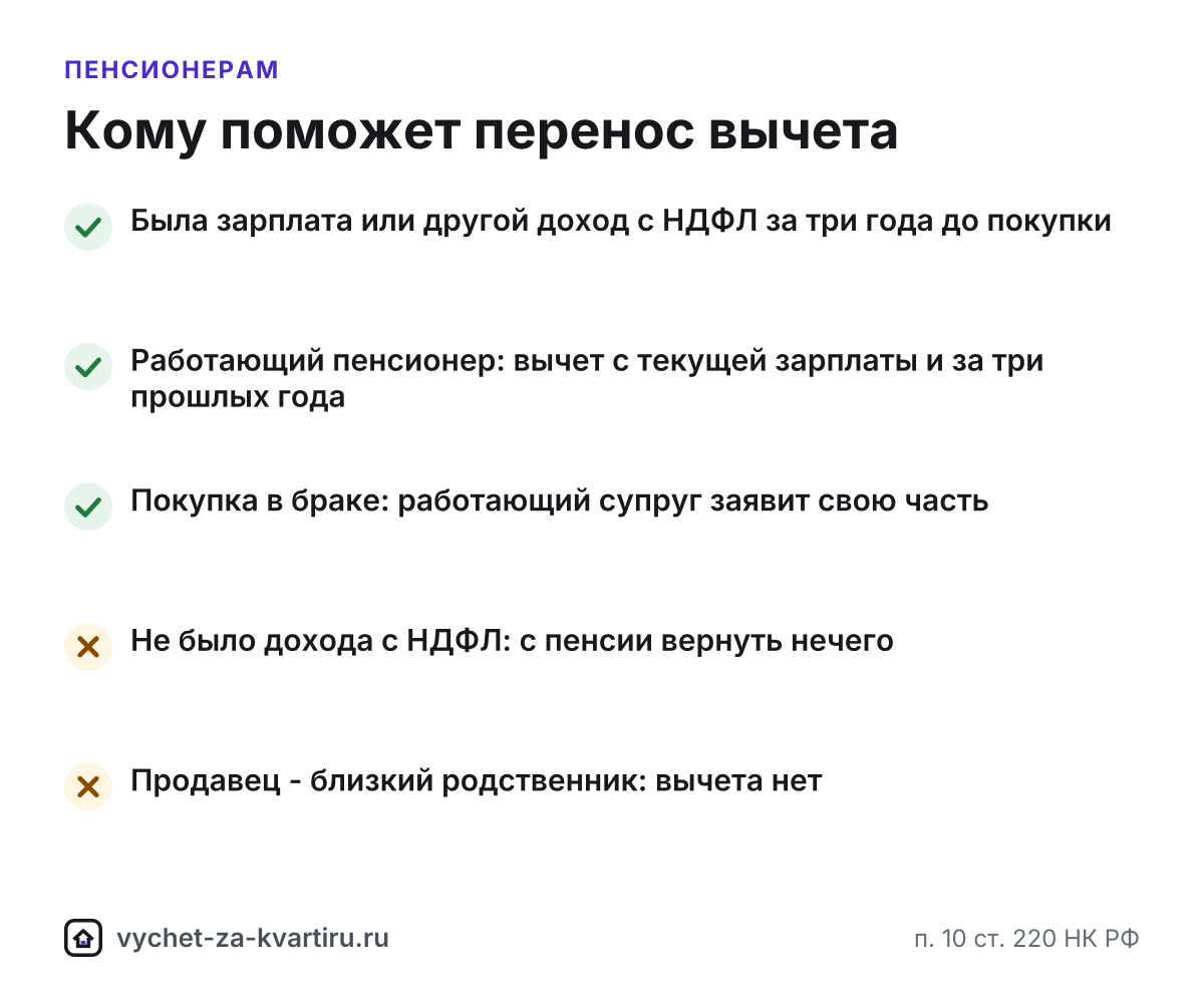 Пенсионер может перенести имущественный вычет на три года, предшествующих году покупки. Калькулятор покажет, за какие годы и сколько вернут.